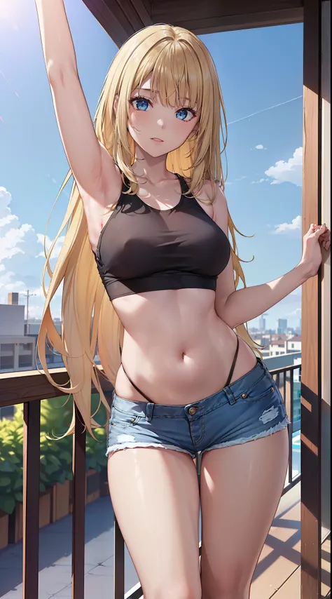 (8k, original photography, best quality,）a girl，20 years old，（long blonde hair，Qi bangs，Thick hair），slim body，((Slender straight legs))，crop top，Denim shorts，（（bare legs，not wearing any socks）），standing on the balcony，stretch，Sunlight