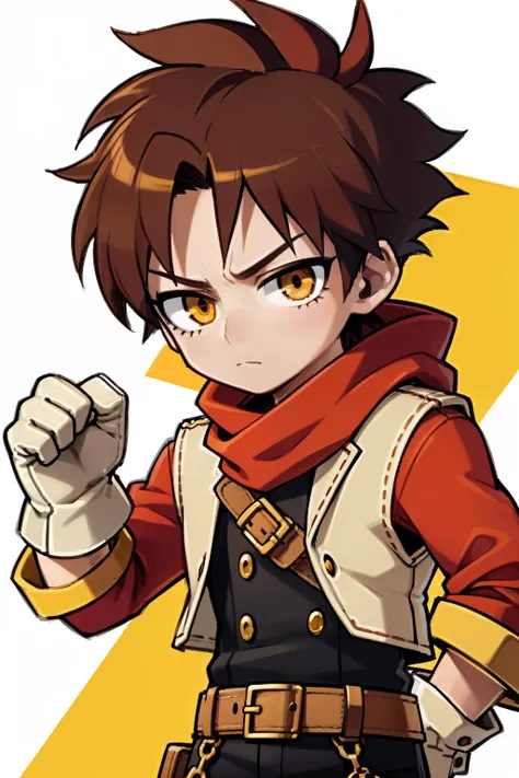 kid,boy"kaito",animated,Brown hair,Two buns,Golden accessories,Large, expressive eyes,Red and yellow hues, Hunter-style outfit,Green jacket,Orange patch,Gloves,Holding something white,Brown belt with pouches,Yellow ribbon,Focused or determined expression,