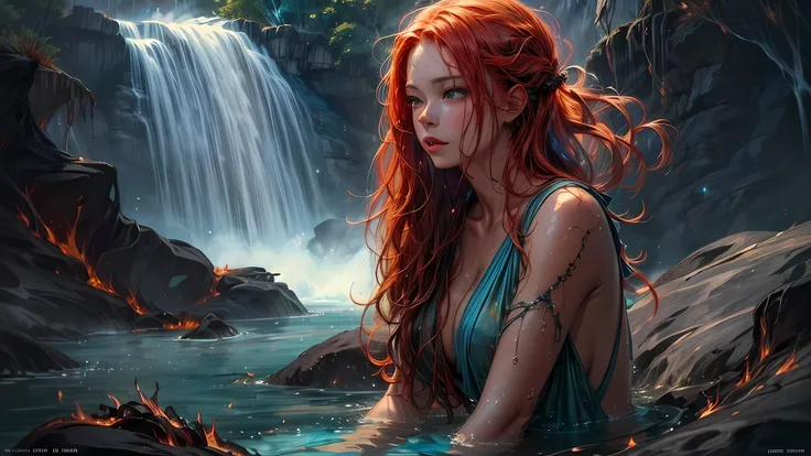 fantasy art, photorealistic, D&D art, a picture of a female monk sitting and meditating near a waterfall, at the base of the waterfall,  there is a human woman monk wearing monk garbs, meditating near a bonfire near an (epic sized waterfall: 1.3), red hair...