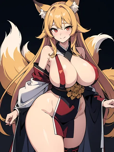 1 girl, long golden hair, fox ears, only fox ears, crimson eyes, detailed deep eyes, very detailed face, blushing, huge breasts, sexy and seductive, wearing red and white erotic kimono, tall, long flufy nine fox tails, thicc thighs, wide hips, smile, horny...