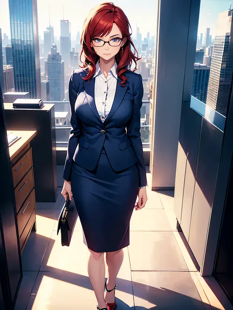 1girl, medium breasts, bare legs, shoes, shoes, city backdrop, solo, single, standing, full body shot, cowboy shot, beautiful detailed eyes, mature lady, glasses, office lady, blue suit, blue pencil skirt, miniskirt, red hair, medium hair