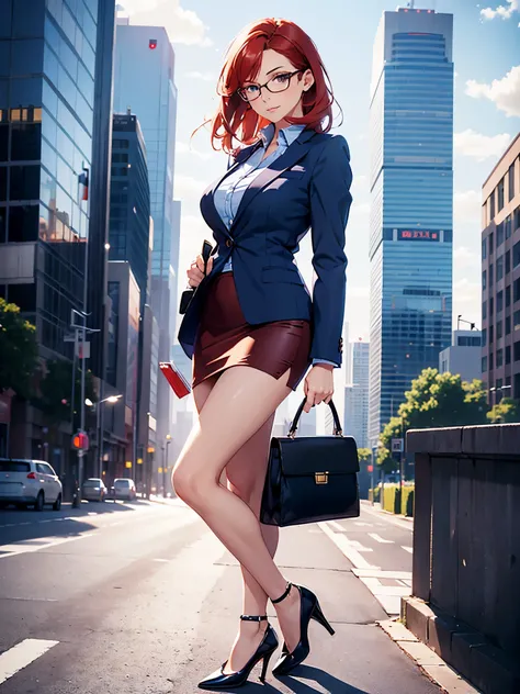 1girl, medium breasts, bare legs, shoes, shoes, city backdrop, solo, single, standing, full body shot, cowboy shot, beautiful detailed eyes, mature lady, glasses, office lady, blue suit, blue pencil skirt, miniskirt, red hair, medium hair