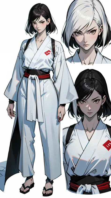 (absurdres, highres, ultra detailed),(absurdres, highres, ultra detailed), 1 japanese female, adult, beautiful, tall lady, thin waist, ((pale skin)), finely detailed eyes and detailed face, elegant short straight black hair, (wearing a white judo Judogi), ...