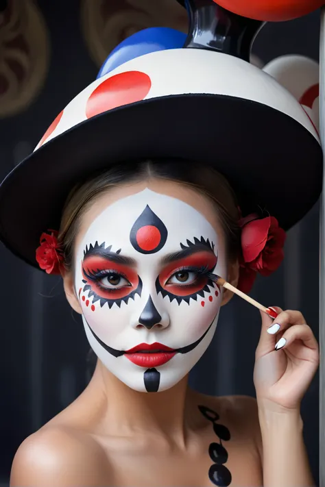 arafed woman with face paint and a black hat, painted face, inspired by Taro Yamamoto, creative makeup, facepaint facepaint facepaint, intricate clown makeup, stylized make-up on face, inspired by Taro Okamoto, symmetrical painted face, detailed face with ...