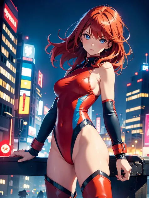 1girl, medium breasts, leotard, red leotard with blue accents, bare legs, boots, matching boots, bracelets, city backdrop, solo, single, standing, full body shot, cowboy shot, beautiful detailed eyes, mature lady, red hair, medium hair 