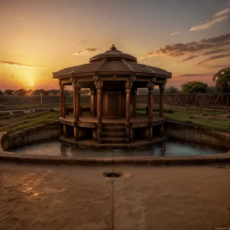 (((background)))(((Witness the enchanting sunset ambiance around Gyan Kup Well. Capture the well bathed in the warm hues of the setting sun. Showcase the beauty of this historical site against the backdrop of the evening sky.)))