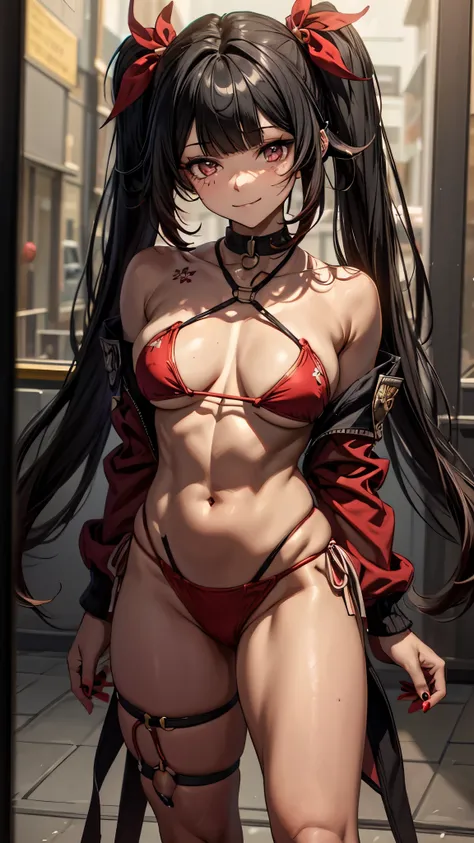 Type: Digital Art Style: Anime Style Color: Predominantly red with black and white contrasts, Eye color: Bright crimson red, with luminous reflections. Hair color Black with red highlights, Hairstyle: Long with twintails, adorned with traditional red and g...