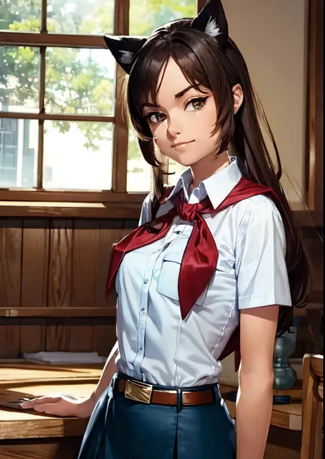 very young slim fit girl, full height, rounded face, very long disheveled dark brown hair, big brown eyes, shy smile, perfect flat breast, band on head with fake cat ears, sashagrey, pioneer neckerchief, short tight blue pleated skirt, bangs, tight white s...