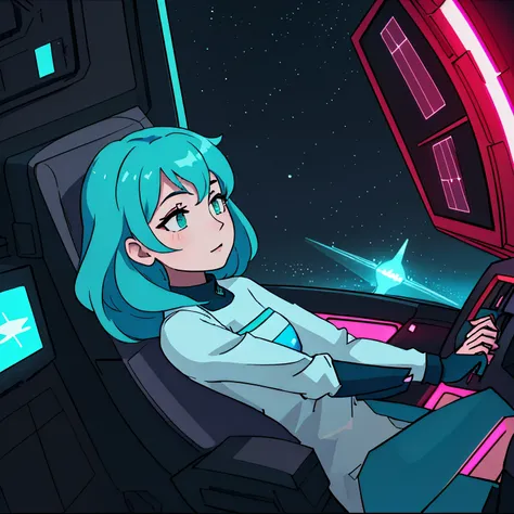 Visualize a first-person perspective from within a cylindrical suspension tank, floating hands in view, aboard an autopiloted spaceship. The ships interior combines sleek cyberpunk aesthetics with neon pink and turquoise lighting, subtly highlighting the a...