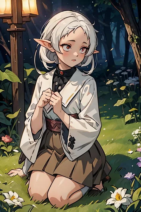 a character named sylphiette greyrat with elf-like ears and white tomboyish hair, the eyes are red colored with black pupils. he...