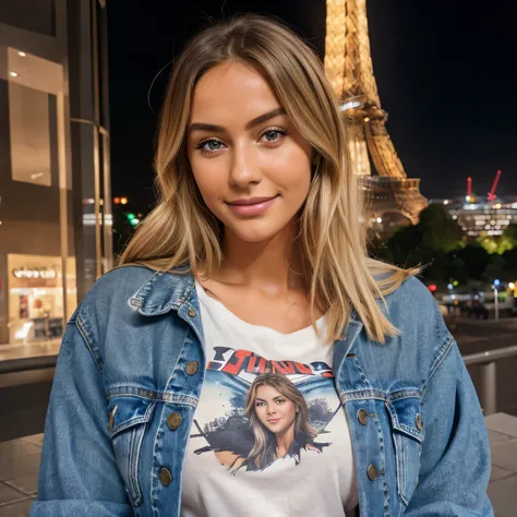 photorealistic, best quality, hyper detailed, beautiful smile woman with natural blonde hair, full body photoshoot  photo, upper body, solo, wearing a  T-shirt inside of a Jean Jacket, (evening),full topic of Eiffel Tower behind the girl,Paris,(comfortable...