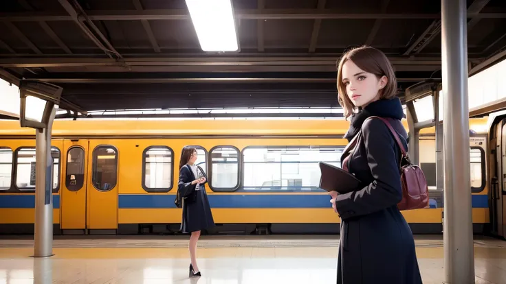 A girl in a train station,Emma Watson,best quality,4k,8k,highres,masterpiece:1.2,ultra-detailed,professional,vivid colors,sharp focus,portraits,realistic,photorealistic:1.37,beautiful detailed eyes,beautiful detailed lips,extremely detailed eyes and face, ...