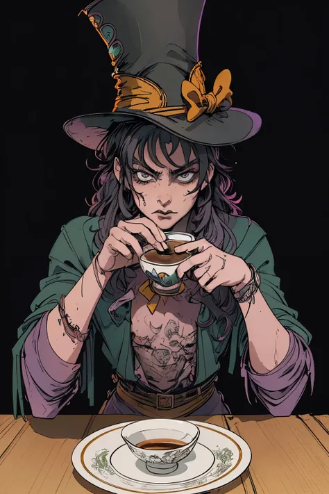 masterpiece:1.2, best quality, ultra detailed, male_focused, young, serious, cold, black layers over gear, archer, bowman gear, in the style of Kentaro Miura, fantasy, SCI-FI, light background,a close up of a person sitting at a table with a cup of coffee,...