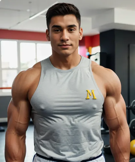 man in gym with muscles and mcdonald uniform 