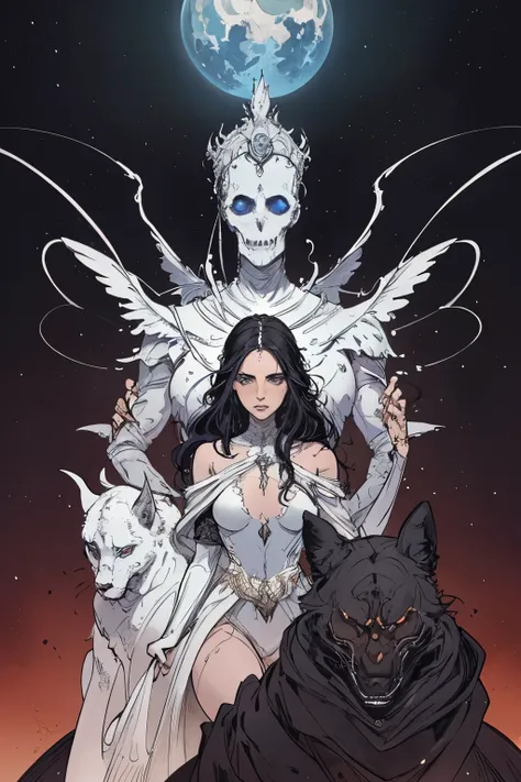 arafed image of two people dressed in white standing next to each other, goddess of death, abaddon and magali villeneuve, haunti...