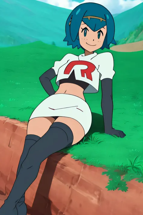 View of the valley, with grass, team rocket uniform, red letter r, white skirt,white crop top,black thigh-high boots, black elbow gloves, evil smile, looking at viewer, hands on hips, sitting down