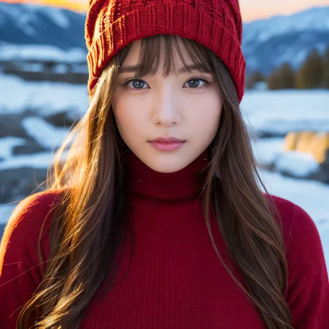 (table top、highest quality、8k、Award-winning work、ultra high resolution)、one beautiful woman、(Red turtleneck long knit sweater dress:1.1)、Very long wavy hair、(vivid sunset:1.1)、epic movie lighting、(Norwegian snowy mountains:1.1)、winter、snow scene、(heavy sno...