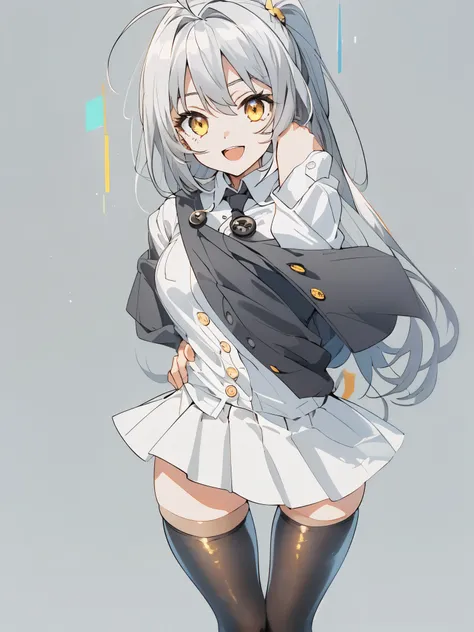 ((masterpiece, highest quality)), (1 girl), (alone), (female focus), (Ahoge, gray hair, very long hair), golden eyes, clear smile, open your mouth, ((white shirt), (shirt with buttons), (gap button)), ((black skirt), (short skirt)), Are standing, white bac...