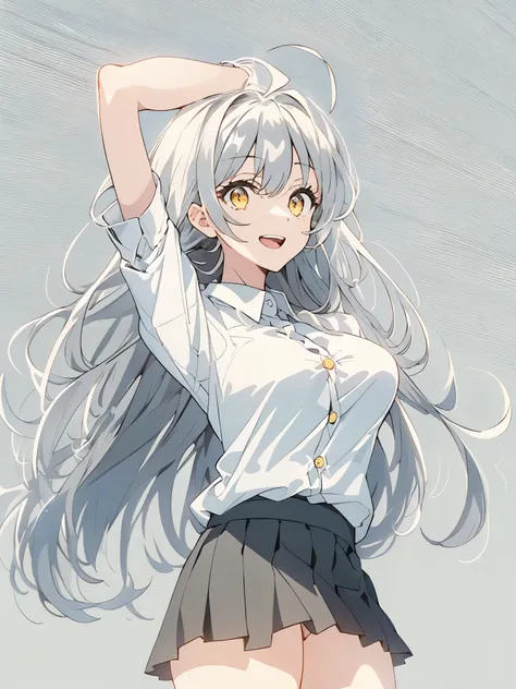 ((masterpiece, highest quality)), (1 girl), (alone), (female focus), (Ahoge, gray hair, very long hair), golden eyes, clear smile, open your mouth, ((white shirt), (shirt with buttons), (gap button)), ((black skirt), (short skirt)), Are standing, white bac...