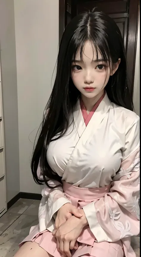 Master quality, highest quality, best picture quality, exaggerated details, a cute 8 year old asian  with a shy expression, slightly squinted eyes, adjusting her hair, long eyelashes (long hair / very, very exaggerated big breasts _ tits / in hanfu chinese...