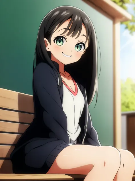 (best quality, masterpiece, RAW photo,ultra-detailed:1.2), 1girl,solo,looking at viewer,smile long straight black hair,
short sleeve gym uniform, hair clip, side parted hair, front view, from below, sitting, classroom, akebi komichi, smiling at you, 1 girl...