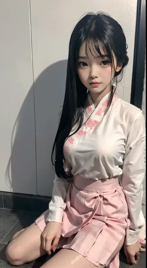 Master quality, highest quality, best picture quality, exaggerated details, a cute 8 year old asian  with a shy expression, slightly squinted eyes, adjusting her hair, long eyelashes (long hair / very, very exaggerated big breasts _ tits / in hanfu chinese...