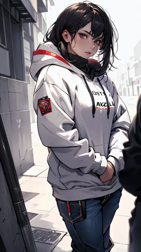 Super detailed, high resolution, super detailed, best quality, stunning, top quality, mature woman, lipstick, hoodie hacker look, deep expression, facing the camera, front, hands in pockets, looking directly into the camera, delicate face,