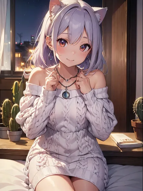 master piece, 
best quality, super detailed, Realistic, 
very delicate and beautiful, 
succulent garden, 
Depth of the bounds written, 
professional lighting,many cactus flowers々、gray hair、lilac hair eyes、laughter、、cat ears、long sideburns、cactus flower hai...