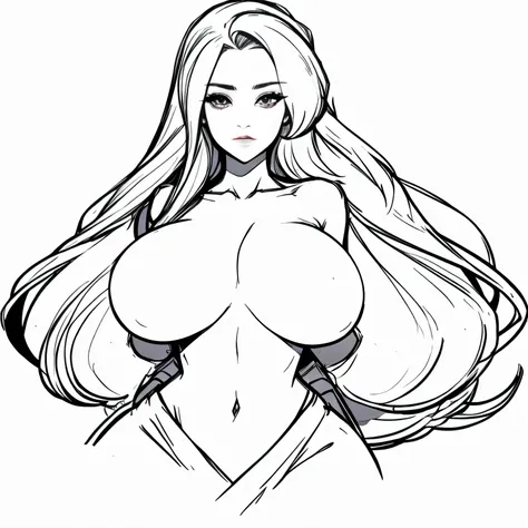 Coloring book for adults. Only black and white. low detail only main line. beautiful sensual nude and erotic woman with massive breasts. The breasts are not covered by anything. white background. white colors. full body view of blonde woman. (Ultra detaile...