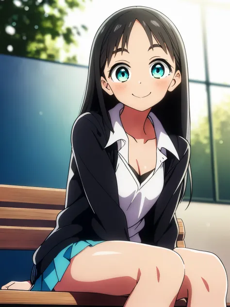 (best quality, masterpiece, RAW photo,ultra-detailed:1.2), 1girl,solo,looking at viewer,smile long straight black hair,
short sleeve gym uniform, hair clip, side parted hair, front view, from below, sitting, classroom, akebi komichi, smiling at you, 1 girl...