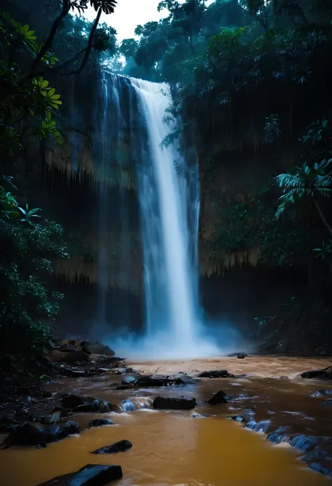 try it, waterfall, horror, dark forest, glowing, muddy water, murky water, low light, moonlight, night time