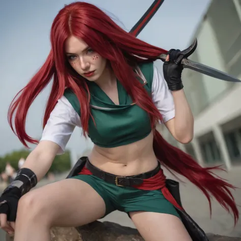 (there is a girl (best quality), ((detailed)),(masterpiece), ((perfect face, young 18 years old skinny girl, skinny legs, skinny thighs, skinny waist,)), ((red hair), green eyes,long wavy red hair, freckles, make up, red lips, laughing) , ((Akali cosplay))...