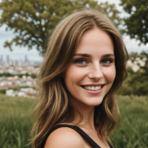 taken with iphone camera BREAK medium shot selfie of a pretty young woman BREAK blonde black BREAK film grain, medium quality, standing on a hill infront of a city, natural light, black top, smiling