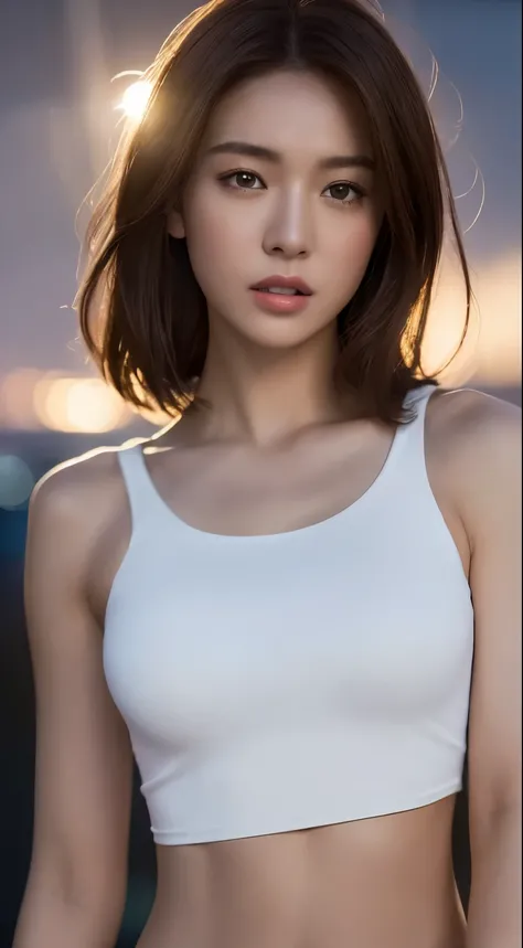 ((realistic lighting, highest quality, 8k, masterpiece: 1.3)), clear focus: 1.2, 1 girl, perfect figure: 1.4, slim abs: 1.1, ((dark brown hair)), (white crop top: 1.4), (outdoors, night: 1.1), cityscape, super detailed face, fine eyes, double eyelid,