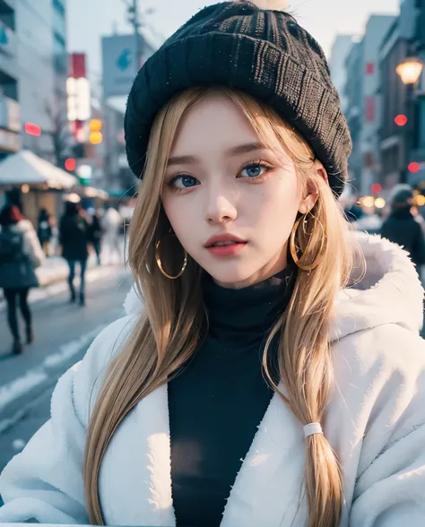 1girl, (Blue Eyes), (happy :1.2), (closed white furry jacket :1.3), (beautiful makeup :1.2), (Sana Minatozaki), wide hips, big ass, (Best Quality, 8k, Masterpiece: 1.3), Clear Focus: 1.2, Perfect Body Beauty: 1.4, Highly detailed face and skin texture, det...