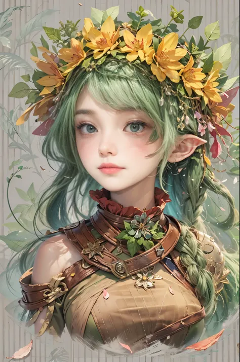 forest_sprite, (green leafy hair), flower_crown, ([bark_armor|vines_wrapped_top]:1.3), [thorn_bracers::10], moss ([collar:petal trim:0.4]:1.7) growing on ([wooden pauldron:flower shoulder:0.4]:1.5), forehead, charming, emerald eyes, vine_belt, seedling_cuf...