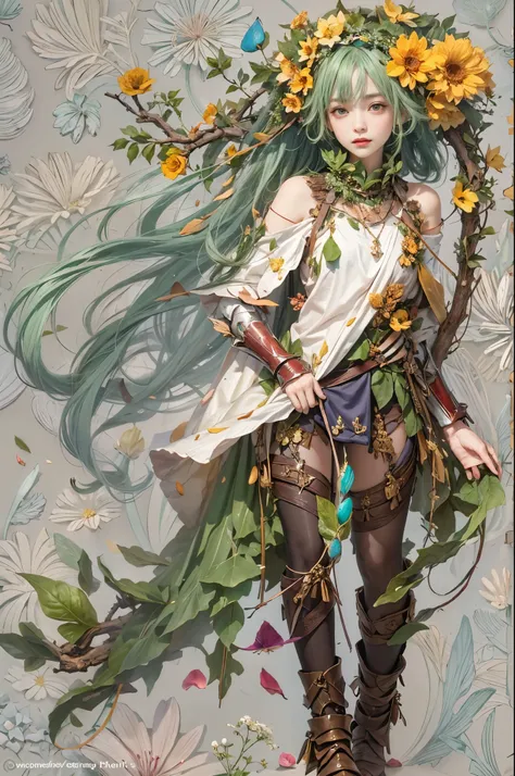 forest_sprite, (green leafy hair), flower_crown, ([bark_armor|vines_wrapped_top]:1.3), [thorn_bracers::10], moss ([collar:petal trim:0.4]:1.7) growing on ([wooden pauldron:flower shoulder:0.4]:1.5), forehead, charming, emerald eyes, vine_belt, seedling_cuf...