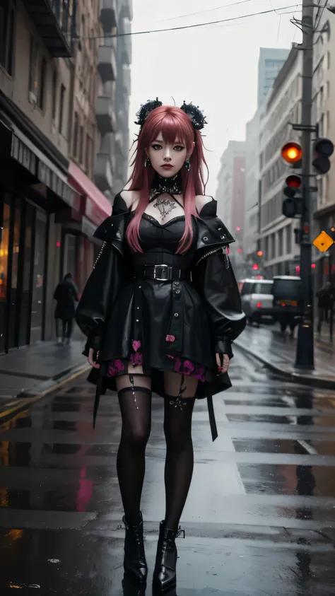 highest quality、8k、masterpiece：1.3、cowboy shot、（looking at the viewer、Shot from the front1.5),gothic punk、Red and black clothes、(Pink hair 1.5)、(red hair ornament)、beautiful girl、creative、dark fantasy style、dark eyeshadow、neo goth、earrings、tattoo,pink and ...