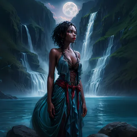 a picture of an exquisite beautiful female vampire standing under the starry night sky at the base of the waterfall, dynamic ang...