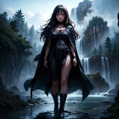 a picture of an exquisite beautiful female vampire standing under the starry night sky at the base of the waterfall, dynamic ang...