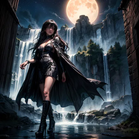 a picture of an exquisite beautiful female vampire standing under the starry night sky at the base of the waterfall, dynamic ang...