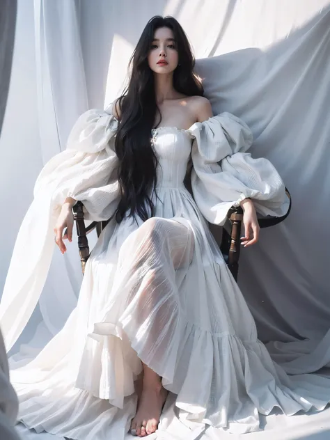 araffe woman in a white dress sitting on a chair, ancient white dress, flowing white dress, wearing a white flowing dress, flowing dress, flowing gown, voluminous sleeves, white gown, expensive voluminous dress, long flowing intricate dress, long white dre...