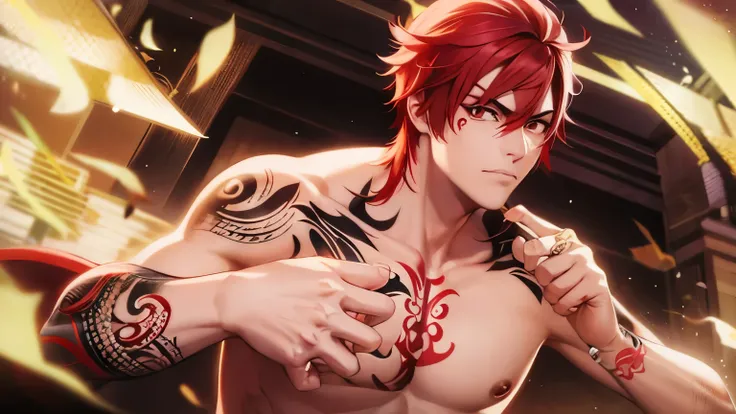 YAKUZA, TATTOOED, RED HAIR, SCAR ON FACE, GAMGSTER, PUNCHING