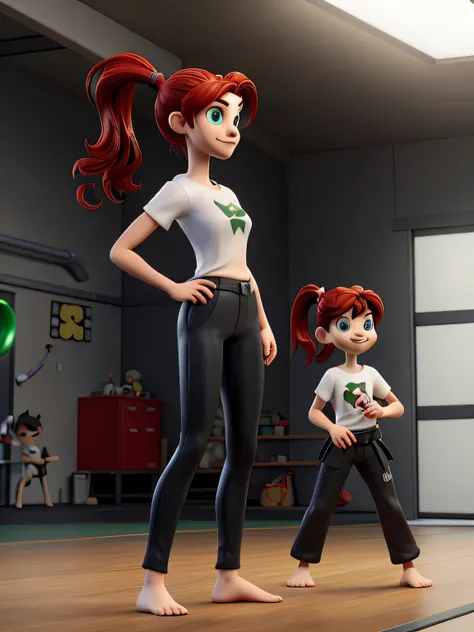 Barbara Gordon from DC Comics, long red hair in a ponytail, green eyes, wearing a white T-shirt, black gi (martial arts) pants, standing next to a practice dummy in a futuristic looking dojo within the Batcave, barefoot