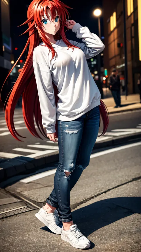 Rias gremory, Ahoge, Oversized black sweatshirt, jeans, White sneakers, full body, Posing in the photo, Detailed, Beautiful eyes, Detailed eyes, High quality, Masterpiece , Tokyo on the street at night background