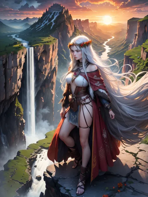 Trending on Artstation, Rachel Walker, BEAUTIFUL WOMAN on the mountain, sunset sky, red sunset clouds, sunset, long hair in the wind, eagle feathers, eagle queen, goddess dressed in eagle feathers, fantasy, overexposure, perfect eyes, metallic colors, surr...