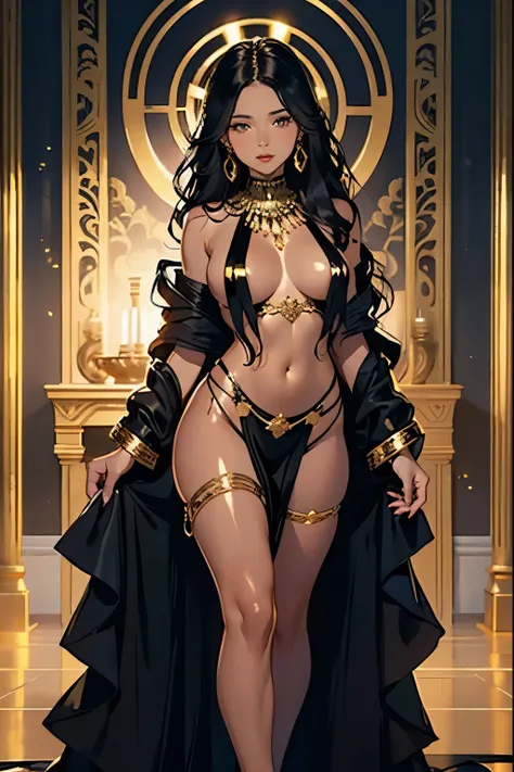 best quality, nsfw, extremely beautiful, beautiful face, long wavy dark hair, (Woman Dark : 1.1), (Brown skin : 1.1), (Shiny skin : 1.5), big breasts, long sexy black and gold dress neckline navel, black and gold breast curtains, long black and gold open_f...