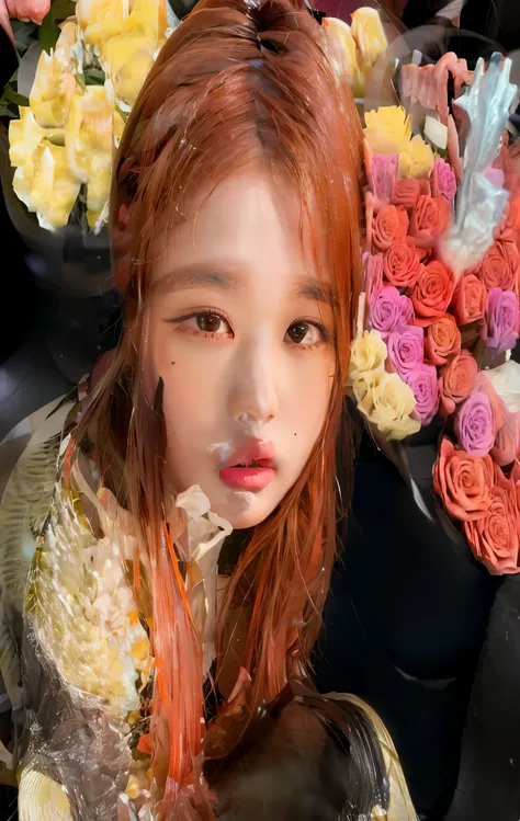 arafed woman Con cabello rojo and a sweater sitting in front of a bunch of flowers, sun yunjoo, tzuyu de dos veces, ella tiene el pelo largo y renaranjado, parque roseanne de blackpink, She has long orange-brown hair., dilraba dilmurat, jossi de blackpink,...