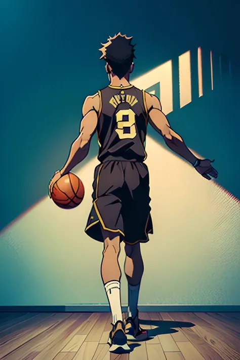 vector stylized digital art graffiti, ((hes a brown-skin jujustu kiasen anime character)), ((he is wearing a basketball uniform, black strapped sandals)), walking in darkness with his back turned to the camera, ((he has very short black hair)), cool design...