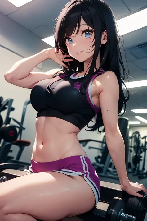 (best quality,4k,highres,masterpiece:1.2),ultra-detailed,Ahri at the gym, wearing shorts and a crop top, beautiful detailed eyes,beautiful detailed lips,extremely detailed face,longeyelashes, midriff visible, smiling, posing on one leg giving a peace sign,...